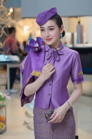 "Thai Airways" Beautiful flight attendant in Thai silk dress, purple blouse and skirt decorated with gold, standing with hands together in a Thai wai gesture, smiling brightly, hair tied neatly, wearing an orchid accessory on the shoulder, a tie around the neck, wearing a purple hat. The atmosphere in the airport passenger terminal emphasizes Thai dress and elegant gestures, conveyed realistically with detailed fabric and bright shades to emphasize the elegance of Thai culture. "Air Hostess"
