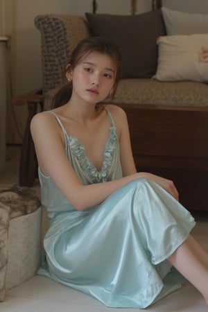 A young woman sitting comfortably on the floor in a cozy living room, She post sexy, wearing a light blue satin nightgown.