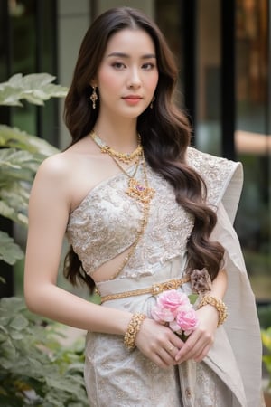 Portrait of a young woman wearing a light silver Thai traditional dress with a detailed and beautiful pattern. Long, naturally curly hair Wear light gold jewelry that looks elegant. and holding a pink flower garland decorated with jasmine flowers Amidst the atmosphere of a modern style house that looks elegant.