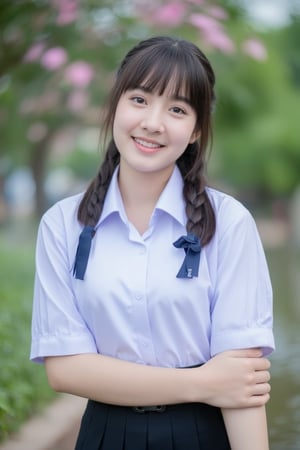 Portrait of a high school girl with shoulder-length hair, braided bangs tied with a blue bow, wearing a traditional Thai school uniform, a white short-sleeved shirt and a black skirt, standing by the water. She looks at the camera, has a charming, captivating smile, her arms are crossed and she seems to be enjoying the moment. The background is covered in flowers, suggesting that it may be a park or recreational area near the river.
