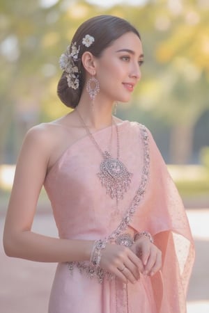 Portrait of a beautiful Thai woman Wearing a light pink Thai silk dress, embroidered and decorated with exquisite jewelry. and flower-patterned hair clips Her hair was neatly styled. And she smiled softly Eyes looking at the camera In a bright and elegant atmosphere Suitable for formal occasions or ceremonies.