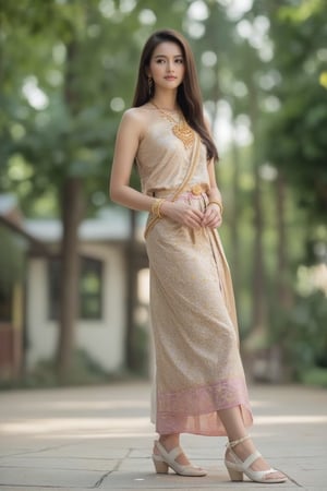 Portrait of a young woman wearing a Thai dress, Thai cloth, long skirt, standing in a pose in the middle of nature. The background is green trees and buildings. She wears white shoes Make this image bright and natural.