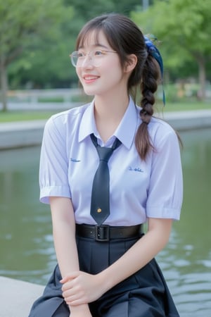 Portrait of A high school girl with long hair braided bangs hairstyle in a ponytail tied with a blue ribbon,wearing a white long-sleeved shirt with a short black tie and a long black skirt, clear-framed glasses. stands by the water. She looks sit with legs crossed, smiles and seems to be enjoying the moment. The background has trees and flowers, suggesting that this may be a park or recreational area near the river.