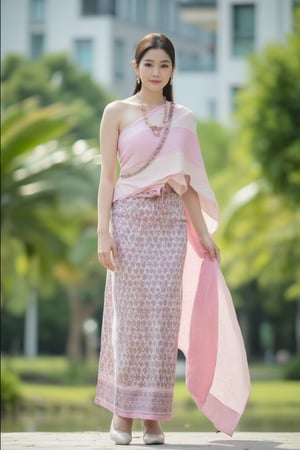 Portrait of a young woman wearing a Thai dress, Thai cloth, long skirt. Has long hair pulled back in front Standing and posing in the middle of nature The background is green trees and buildings. She wears white shoes Make this image bright and natural.