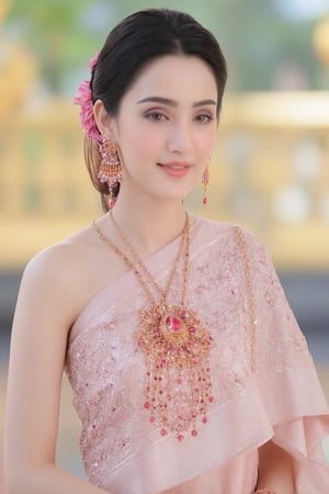 Portrait of a beautiful Thai woman Wearing a light pink Thai silk dress, embroidered and decorated with exquisite jewelry. and flower-patterned hair clips Her hair was neatly styled. And she smiled softly Eyes looking at the camera In a bright and elegant atmosphere Suitable for formal occasions or ceremonies.