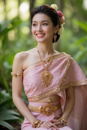 Portrait of Thai girl , slim body shape, navel, smile with dimples, mouth closed , flowers ornaments, light Pink Thai dress, sitting elegant in the forest, sunlight rays, necklaces, bracelets , shoulders shot