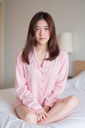 Thai girl, a picture of a young woman wearing a light pink satin one-piece nightgown. Small floral pattern and decorated with lace on the edge of the dress. The pajamas are so thin you can see inside. Atmosphere in the bedroom She sat on the bed with a gentle and comfortable expression.