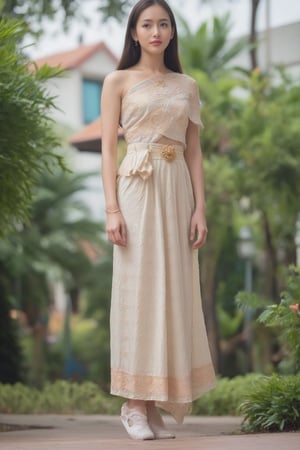 Portrait of a young woman wearing a Thai dress, Thai cloth, long skirt, standing in the middle of nature. The background is green trees and buildings. She wears white shoes Make this image bright and natural.