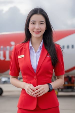 Prompt: "AIR ASIAN" Portrait of A air hostess beautiful female flight attendant standing confidently in front of an airplane at the airport. She is wearing a bright red uniform with a fitted blazer and skirt, accessorized with a name tag and a smartwatch. Stand with hands together and make a Thai-style salutation gesture. have a bright smile. Her long dark hair is styled loosely, and she has a friendly smile. The airplane in the background features a red and white color scheme, with visible branding. The setting is an outdoor airport terminal with a cloudy sky. Photorealistic rendering.  "air hostess beautiful" ,
