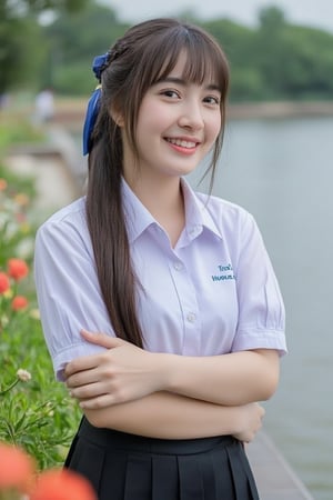 Portrait of a high school girl with shoulder-length hair, braided bangs tied with a blue bow, wearing a traditional Thai school uniform, a white short-sleeved shirt and a black skirt, standing by the water. She looks at the camera, has a charming, captivating smile, her arms are crossed and she seems to be enjoying the moment. The background is covered in flowers, suggesting that it may be a park or recreational area near the river.
