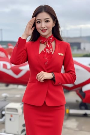 Prompt: "AIR ASIAN" Portrait of A air hostess beautiful female flight attendant standing confidently in front of an airplane at the airport. She is wearing a bright red uniform with a fitted blazer and skirt, accessorized with a name tag and a smartwatch. Stand with hands together and make a Thai-style salutation gesture. have a bright smile. Her long dark hair is styled loosely, and she has a friendly smile. The airplane in the background features a red and white color scheme, with visible branding. The setting is an outdoor airport terminal with a cloudy sky. Photorealistic rendering.  "air hostess beautiful" ,
