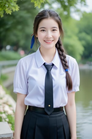 A high school girl with long hair braided in a ponytail tied with a blue ribbon, wearing a white shirt with a short black tie and a long black skirt, stands by the water. She was smiling, sweet, charming and seemed to be enjoying the moment. The background has trees and flowers, suggesting that this may be a park or recreational area near the river.