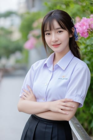 Portrait of a high school girl with shoulder-length hair, braided bangs tied with a blue bow, wearing a traditional Thai school uniform, a white short-sleeved shirt and a black skirt, standing by the water. She looks at the camera, has a charming, captivating smile, her arms are crossed and she seems to be enjoying the moment. The background is covered in flowers, suggesting that it may be a park or recreational area near the river.
