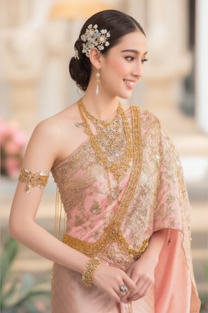 Portrait of a beautiful Thai woman Wearing a light pink Thai silk dress, embroidered and decorated with exquisite jewelry. and flower-patterned hair clips Her hair was neatly styled. And she smiled softly Eyes looking at the camera In a bright and elegant atmosphere Suitable for formal occasions or ceremonies.