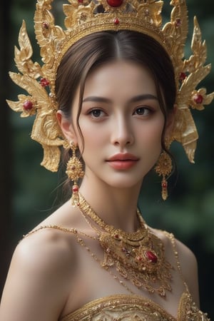 Portrait of หญิงสาวสวมใส่ชุดไทยผ้าไทยกระโปรงยาว ยืนโพสต์ท่าทางท่ามกลางธรรมชาติ โดยมีพื้นหลังเป็นต้นไม้สีเขียวและสิ่งปลูกสร้าง เธอสวมรองเท้าสีขาว ทำให้ภาพนี้มีความสดใสและดูเป็นธรรมชาติ