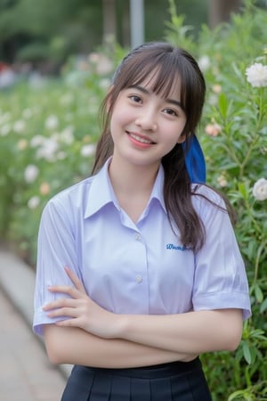 Portrait of a high school girl with shoulder-length hair, braided bangs tied with a blue bow, wearing a traditional Thai school uniform, a white short-sleeved shirt and a black skirt, standing by the water. She looks at the camera, has a charming, captivating smile, her arms are crossed and she seems to be enjoying the moment. The background is covered in flowers, suggesting that it may be a park or recreational area near the river.
