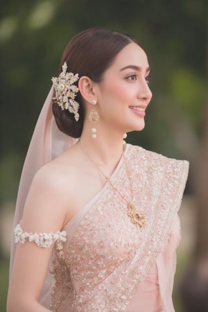 Portrait of a beautiful Thai woman Wearing a light pink Thai silk dress, embroidered and decorated with exquisite jewelry. and flower-patterned hair clips Her hair was neatly styled. And she smiled softly Eyes looking at the camera In a bright and elegant atmosphere Suitable for formal occasions or ceremonies.