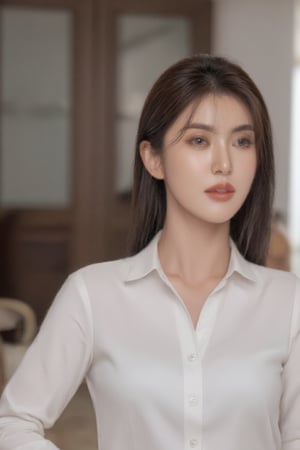 portrait woman with shoulder-length brown hair. She is wearing a white blouse with a collar and long sleeves. Her hair is styled in loose waves and falls over her shoulders. She has a serious expression on her face and is looking directly at the camera. The background is blurred, but it appears to be a room with a window and some chairs. The overall mood of the image is calm and contemplative.