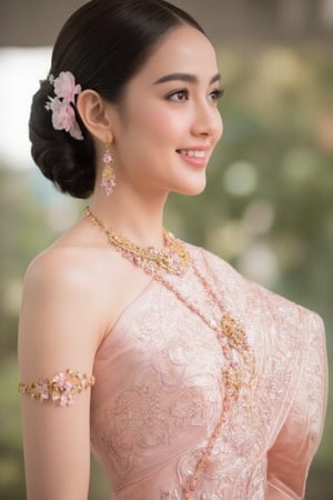 Portrait of a beautiful Thai woman Wearing a light pink Thai silk dress, embroidered and decorated with exquisite jewelry. and flower-patterned hair clips Her hair was neatly styled. And she smiled softly Eyes looking at the camera In a bright and elegant atmosphere Suitable for formal occasions or ceremonies.