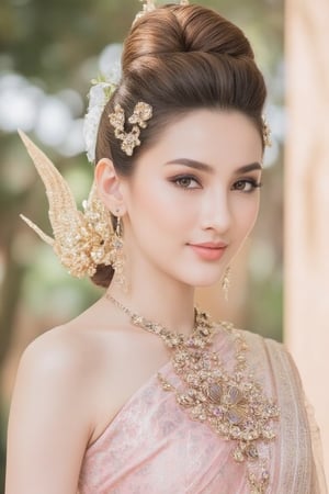 Portrait of a beautiful Thai woman Wearing a light pink Thai silk dress, embroidered and decorated with exquisite jewelry. and flower-patterned hair clips Her hair was neatly styled. And she smiled softly Eyes looking at the camera In a bright and elegant atmosphere Suitable for formal occasions or ceremonies.