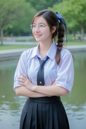 Portrait of A high school girl with long hair braided bangs hairstyle in a ponytail tied with a blue ribbon,wearing a white long-sleeved shirt with a short black tie and a long black skirt, clear-framed glasses. stands by the water. She looks do the lotus pose, smiles and seems to be enjoying the moment. The background has trees and flowers, suggesting that this may be a park or recreational area near the river.