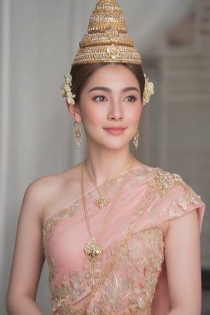 Portrait of a beautiful Thai woman Wearing a light pink Thai silk dress, embroidered and decorated with exquisite jewelry. and flower-patterned hair clips Her hair was neatly styled. And she smiled softly Eyes looking at the camera In a bright and elegant atmosphere Suitable for formal occasions or ceremonies.