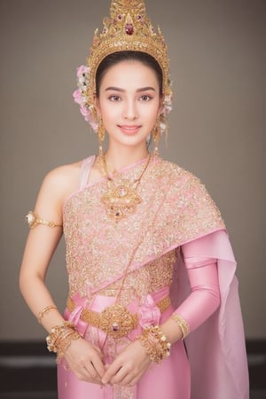 Portrait of a beautiful Thai woman Wearing a light pink Thai silk dress, embroidered and decorated with exquisite jewelry. and flower-patterned hair clips Her hair was neatly styled. And she smiled softly Eyes looking at the camera In a bright and elegant atmosphere Suitable for formal occasions or ceremonies.