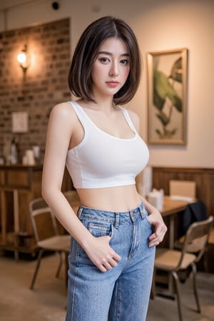 A busty young woman stands confidently in a modern coffee shop. She wears a fitted white crop top and high-waisted blue jeans to accentuate her slim figure. Her short, straight brown hair falls naturally. The background is a chic urban coffee shop with exposed brick walls and modern decor, with warm lighting adding to the modern atmosphere. "K. Model."