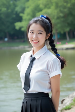 A high school girl with long hair braided in a ponytail tied with a blue ribbon, wearing a white shirt with a short black tie and a long black skirt, stands by the water. She was smiling, sweet, charming and seemed to be enjoying the moment. The background has trees and flowers, suggesting that this may be a park or recreational area near the river.