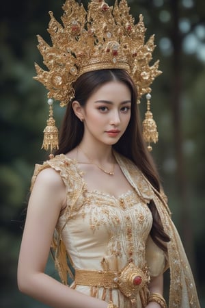 Portrait of หญิงสาวสวมใส่ชุดไทยผ้าไทยกระโปรงยาว ยืนโพสต์ท่าทางท่ามกลางธรรมชาติ โดยมีพื้นหลังเป็นต้นไม้สีเขียวและสิ่งปลูกสร้าง เธอสวมรองเท้าสีขาว ทำให้ภาพนี้มีความสดใสและดูเป็นธรรมชาติ