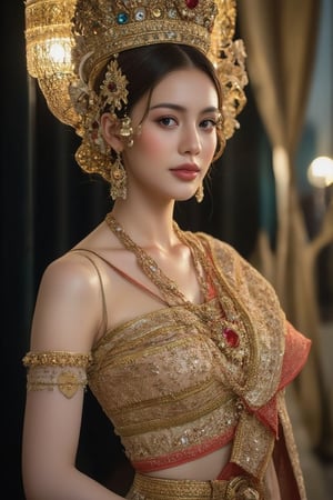 Portrait of หญิงสาวสวมใส่ชุดไทยผ้าไทยกระโปรงยาว ยืนโพสต์ท่าทางท่ามกลางธรรมชาติ โดยมีพื้นหลังเป็นต้นไม้สีเขียวและสิ่งปลูกสร้าง เธอสวมรองเท้าสีขาว ทำให้ภาพนี้มีความสดใสและดูเป็นธรรมชาติ