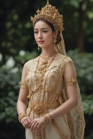 Portrait of หญิงสาวสวมใส่ชุดไทยผ้าไทยกระโปรงยาว ยืนโพสต์ท่าทางท่ามกลางธรรมชาติ โดยมีพื้นหลังเป็นต้นไม้สีเขียวและสิ่งปลูกสร้าง เธอสวมรองเท้าสีขาว ทำให้ภาพนี้มีความสดใสและดูเป็นธรรมชาติ