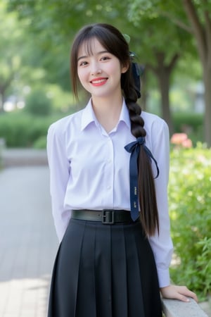 Prompt: A high school girl with long hair braided in a ponytail tied with a blue ribbon, wearing a white  long-sleeved shirt white shirt with a short black tie and a long black skirt, stands by the water. She was smiling, sweet, charming and seemed to be enjoying the moment. The background has trees and flowers, suggesting that this may be a park or recreational area near the river.,
