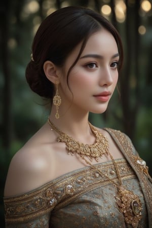 Portrait of หญิงสาวสวมใส่ชุดไทยผ้าไทยกระโปรงยาว ยืนโพสต์ท่าทางท่ามกลางธรรมชาติ โดยมีพื้นหลังเป็นต้นไม้สีเขียวและสิ่งปลูกสร้าง เธอสวมรองเท้าสีขาว ทำให้ภาพนี้มีความสดใสและดูเป็นธรรมชาติ