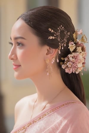 Portrait of a beautiful Thai woman Wearing a light pink Thai silk dress, embroidered and decorated with exquisite jewelry. and flower-patterned hair clips Her hair was neatly styled. And she smiled softly Eyes looking at the camera In a bright and elegant atmosphere Suitable for formal occasions or ceremonies.