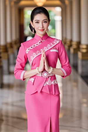 "THAI AIR" Portrait of a beautiful Thai woman, raising her hands in a wai to show respect. The confident young woman is dressed as a flight attendant in a modern and elegant pink uniform. The uniform is bright pink with white stripes on the skirt and three-quarter sleeves. She stands in a luxurious corridor, smiling brightly, her hair tied up neatly. The marble floor and pillars behind her radiate professionalism and elegance, emphasizing the "Thai greeting with hands together in a wai" gesture.