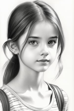 pencil sketch, black and white, very young teenage girl, 12 years old, very skinny, cute face, walking