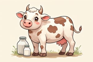 a funny drawing of a cute chibi dairy cow smiling at the viewer, there are milk jugs and milk cartons in the background