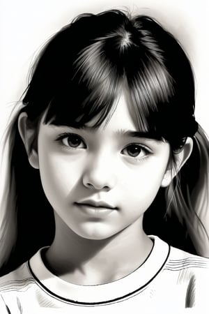 sketch, black and white, upper body view, very young teenage girl, 12 years old, cute face