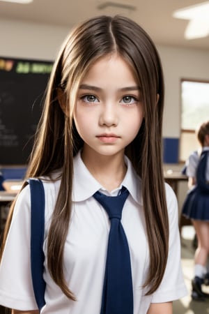 upper body view of a tween girl with a wellformed skinny body, wearing sext school uniform, at school, (Masterpiece, 8K, HDR, Hyperrealistic, beautiful face)