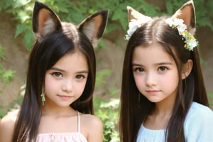 portrait of beautiful children, animal ear, hair pin, flowers