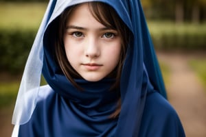 portrait of a young european teenage girl living in medival period, very cute, shy, embarassed, wearing a veil, medival town