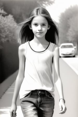 pencil sketch, black and white, very young teenage girl, 12 years old, very skinny, cute face, walking