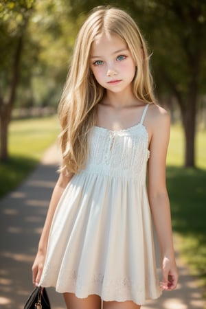 portrait of a preteen girl with a wellformed skinny body, blonde hair, long skinny legs, wearing sundress, (Masterpiece, 8K, HDR, Hyperrealistic, beautiful face)