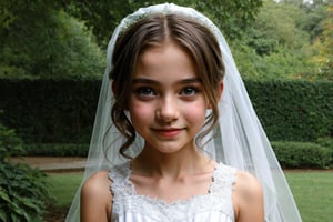 Masterpiece, portrait of a skinny cute young little girl, wearing wedding veil, outdoor