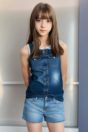 preteen girl, very cute face, standing, spread legs, hand behind back, looking at viewer, short jean, see-through shit, AIDA_LoRA_EvaR