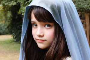 portrait of a young teenage girl living in medival period, very cute, shy, embarassed, wearing a veil and fantasy clothes, medival town