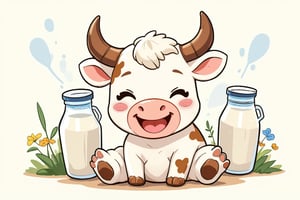 a funny drawing of a cute chibi dairy cow smiling at the viewer, there are milk jugs and milk cartons in the background