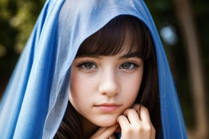 portrait of a young european teenage girl living in medival period, very cute, shy, embarassed, wearing a veil, medival town