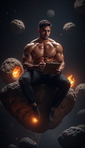 A full sexy body muscular programmer with a handsome face and tan skin, sporting short black hair and a clean-shaven face, undercut hairstyle, no beard, no facial hair ,masterpiece,best quality, sitting on a research platform floating in the middle of an asteroid belt. He is studying with a notebook, surrounded by several asteroids glowing with fiery auras. Dramatic lighting from distant stars and planets illuminates the scene, casting deep shadows on the suit. The young man looks confident and determined, looking at the vast and mysterious universe with wonder and respect,facial hair, cowboy shot,